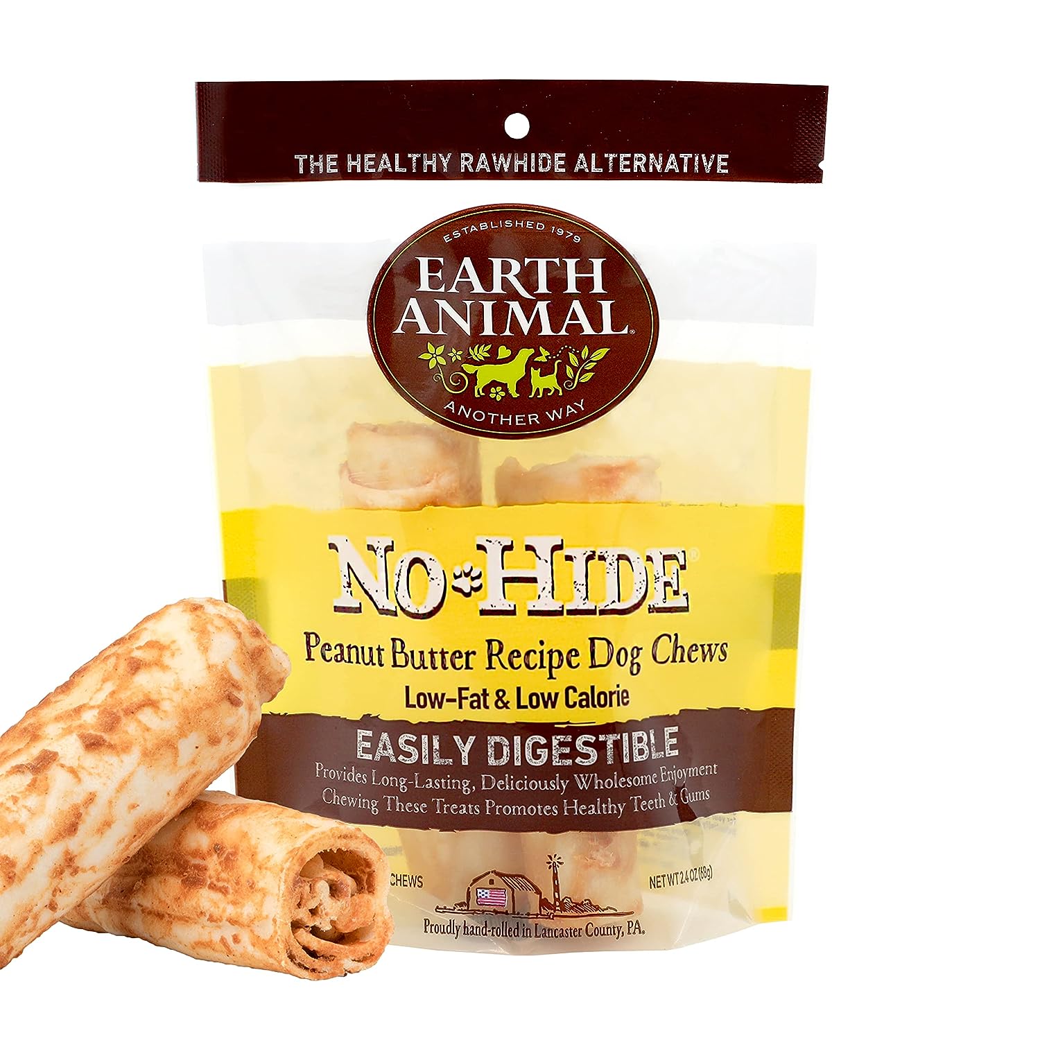 Earth Animal No Hide Small Rolls Long Lasting Natural Rawhide Alternative Peanut Butter Vegetarian Recipe Chew Dog Treats 2 count Buckaroos Buckaroos 360