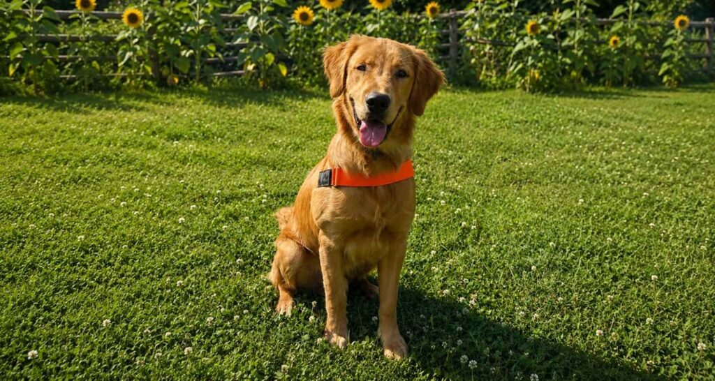 Golden retriever wearing an orange collar during service dog training in Pauls Valley, OK
